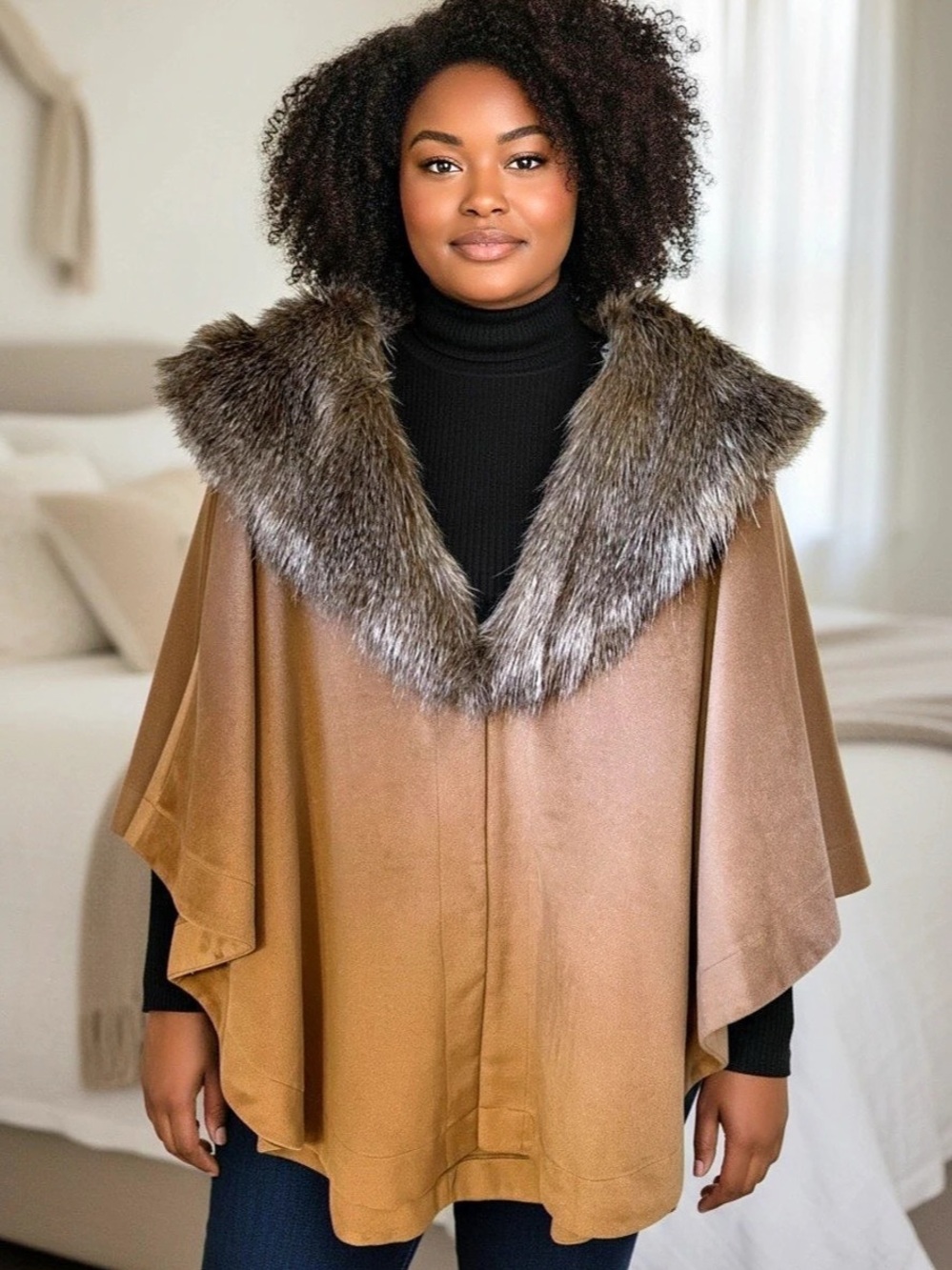 Adrienne Landau Faux Fur Trim Removable Collar Cape Poncho Brown -Open Size